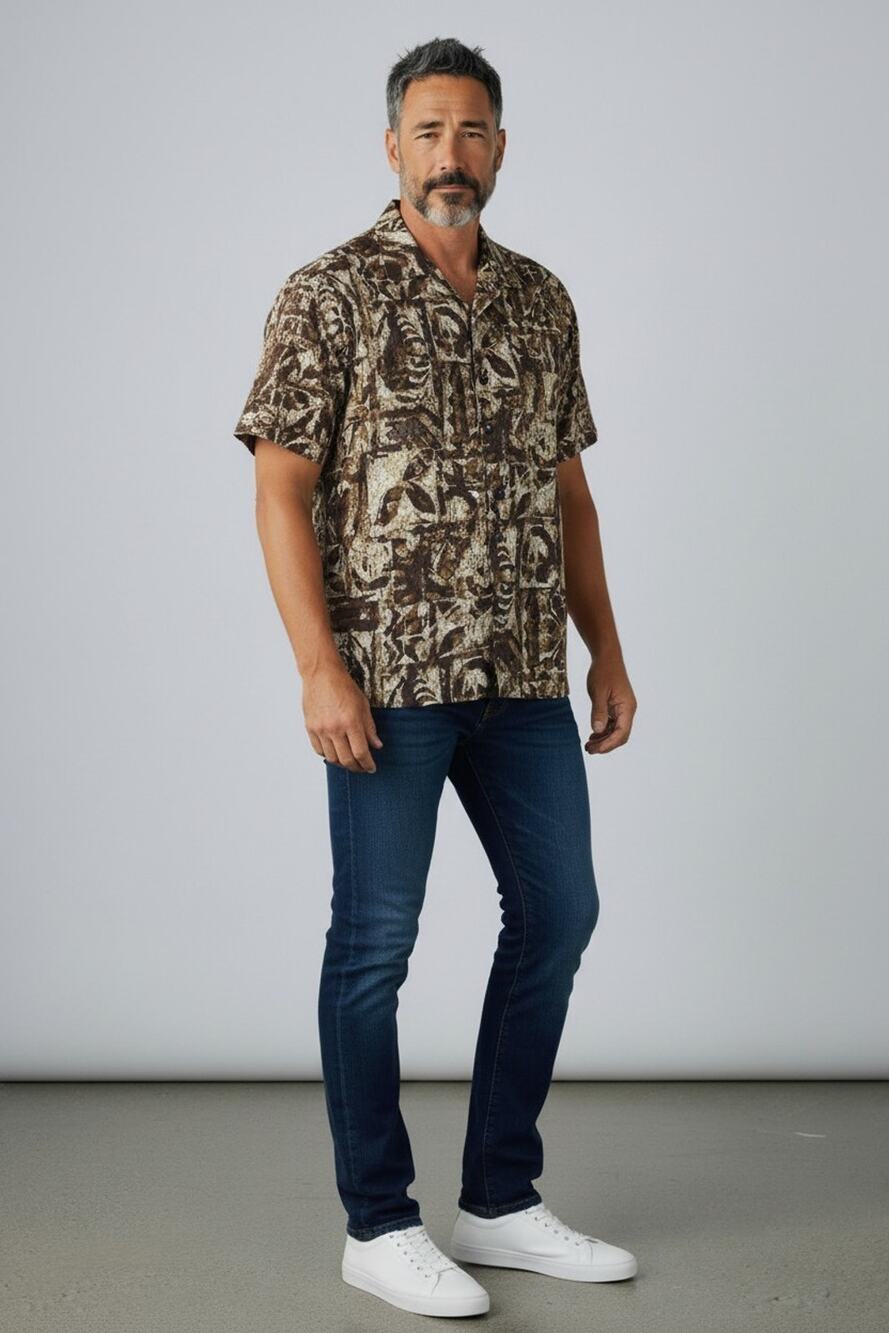A6 Auth LAUHALA Vintage Brown Pattern Cotton Hawaiian Short Sleeve Shirt Size S